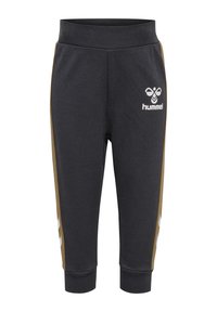 Mörkgrå sweatpants i bomullsblandning, med gyllene sidostråk, vit logotyp framtill, elastisk midja och manschetterade anklar.