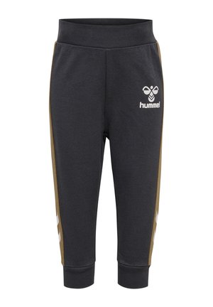Donkergrijze sweatpants van een katoenmix, met gouden zijstrepen, wit logo aan de voorkant, elastische tailleband en aangesloten enkels.