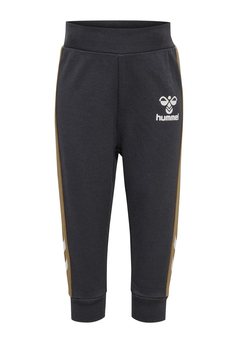 Mörkgrå sweatpants i bomullsblandning, med gyllene sidostråk, vit logotyp framtill, elastisk midja och manschetterade anklar.