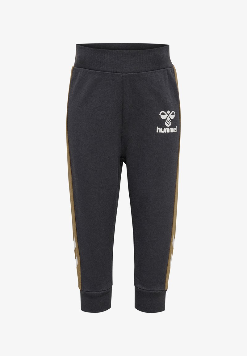 Donkergrijze sweatpants van een katoenmix, met gouden zijstrepen, wit logo aan de voorkant, elastische tailleband en aangesloten enkels.