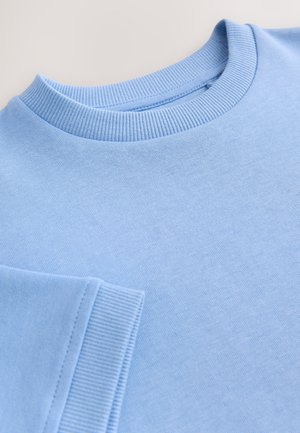 Sweat-shirt bleu clair avec une texture lisse, col rond côtelé et manches courtes côtelées. Présente un design simple et épuré sans motifs.