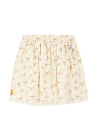 Falda de tela amarilla pálido con estampado floral, que presenta un diseño fruncido, cintura elástica y un parche de oso en el lateral.