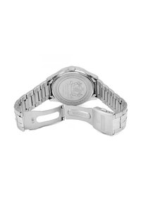 Montre-bracelet en acier inoxydable avec un bracelet en métal, boîtier rond et finition polie. Présente un dos de boîtier gravé et une fermeture à boucle.