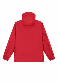 Veste à capuche rouge à manches longues vue de dos, avec des poignets élastiques et une surface en tissu lisse et unie.