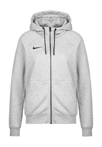 Sweat à capuche gris zippé avec cordon de serrage à la capuche, deux poches avant, et logo Nike noir sur la poitrine. Comprend des poignets et un ourlet côtelés.