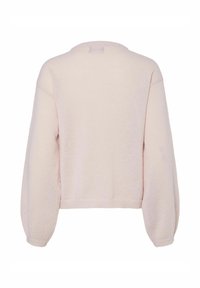 Ljust rosa, kortad tröja med långa, något puffiga ärmar. Mjuk stickad textur, rundad halsringning och subtila sömmar på baksidan.