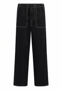 Pantaloni neri in cotone con una vestibilità rilassata, dotati di vita con coulisse, due tasche frontali e dettagli di cucitura bianca a contrasto.