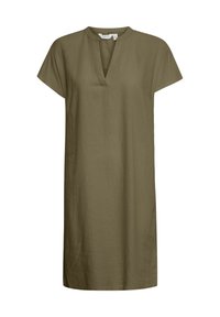 Vestido de lino verde oliva con escote en V, mangas cortas y corte relajado. Presenta un dobladillo recto y sin patrones o acentos visibles.