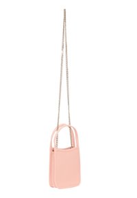 Piccola borsa a mano in finta pelle rosa con forma rettangolare, doppio manico superiore e tracolla in catena argentata. Tessuto liscio e design minimalista.