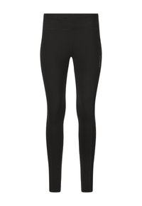 Svarta atletiska tights gjorda av elastisk tyg, med hög midja och sidosemmar med subtila detaljer för funktion och passform.