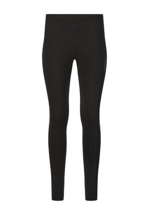 Schwarze sportliche Leggings aus elastischem Material, mit einem hohen Bund und seitlichen Nähten mit dezenten Akzenten für Funktion und Passform.