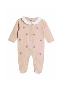 Helles pinkes Onesie mit langen Ärmeln, weißem Kragen und gestickten Erdbeer-Motiven. Verfügt über Druckknopfverschlüsse entlang der Vorderseite und an den Bündchen.