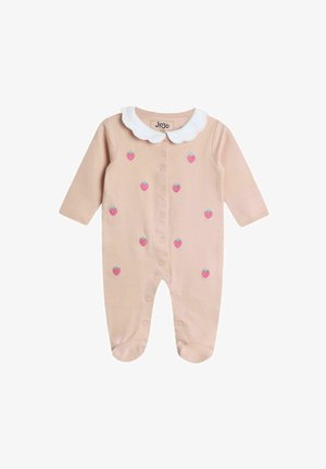 Lichtroze romper met lange mouwen, witte kraag en geborduurde aardbei motieven. Voorzien van drukknoopsluitingen langs de voorkant en bij de mouwen.