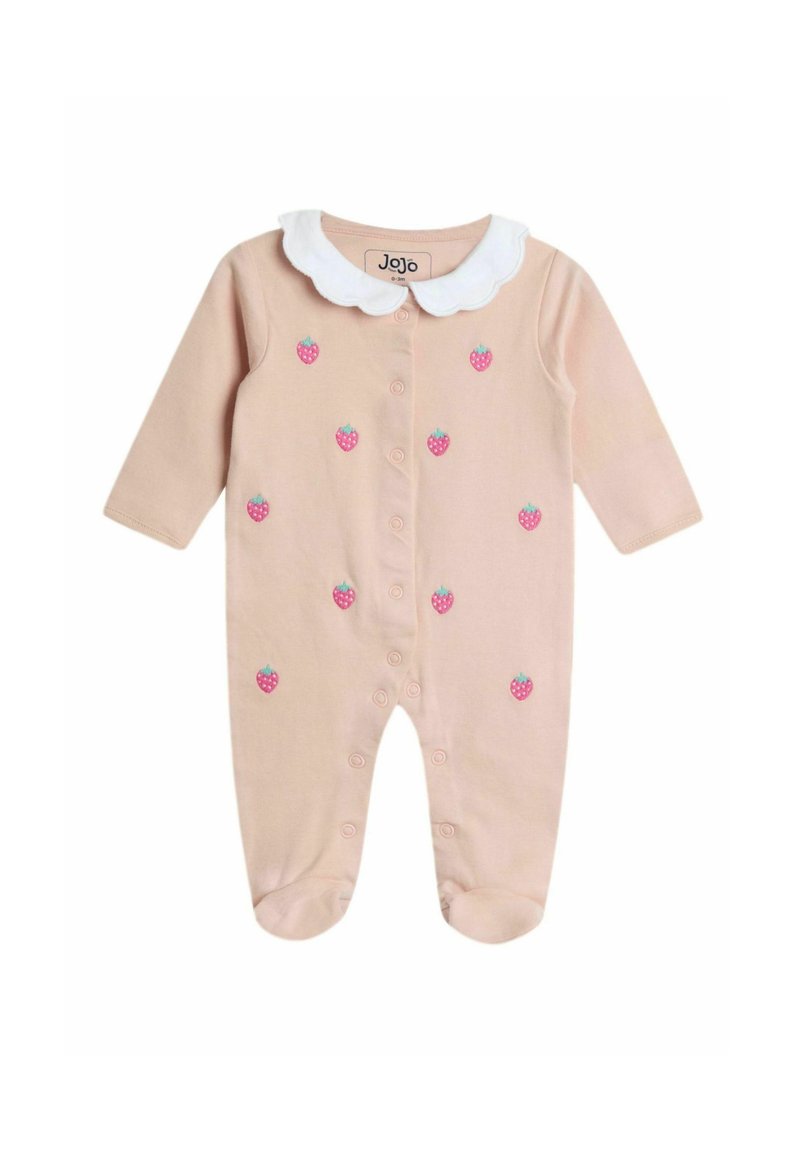 Helles pinkes Onesie mit langen Ärmeln, weißem Kragen und gestickten Erdbeer-Motiven. Verfügt über Druckknopfverschlüsse entlang der Vorderseite und an den Bündchen.