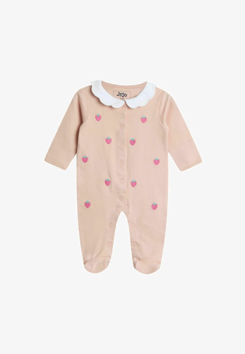 Maglietta pagliaccetto rosa chiaro con maniche lunghe, colletto bianco e motivi di fragole ricamate. Presenta chiusure a scatto lungo la parte anteriore e i polsini.