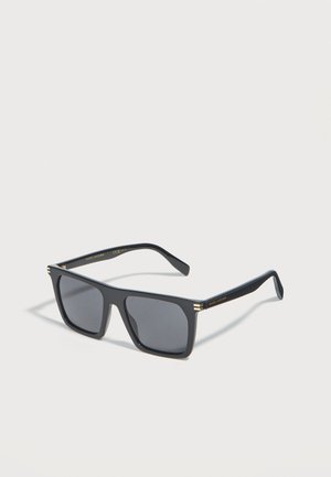 Black rectangular sunglasses with dark lenses and subtle gold accents on the temples, shown on a plain light background.