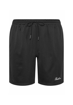 Zwarte sportshorts van meshstof, elastische tailleband, verstelbaar trekkoord en wit geborduurd "BadRhino"-logo op het onderste linkerbeen.