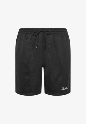 Schwarze Sportshorts aus Mesh-Stoff mit elastischem Bund, verstellbarem Kordelzug und weiß gesticktem "BadRhino"-Logo am unteren linken Bein.