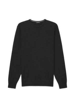 Schwarzer Langarmpullover mit Rundhalsausschnitt, gerippten Bündchen und Saum, flach auf weißem Hintergrund liegend.