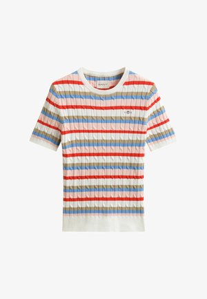 Strickoberteil mit kurzen Ärmeln und horizontalen Streifen in Rot, Blau, Beige und Rosa, mit gerippter Struktur und kleinem Logo auf der Brust.