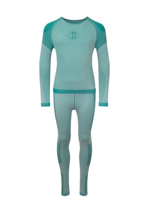 Türkiser Langarm-Thermo-Oberteil und Leggings aus leichtem, dehnbarem Material mit strukturierten Einsätzen und einem Logo auf der Brust.