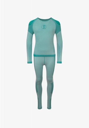 Teal långärmad termotopp och leggings gjorda av lätt, stretchigt tyg med texturerade paneler och en logotyp på bröstet.
