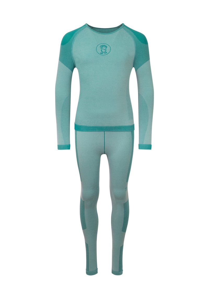 Türkiser Langarm-Thermo-Oberteil und Leggings aus leichtem, dehnbarem Material mit strukturierten Einsätzen und einem Logo auf der Brust.