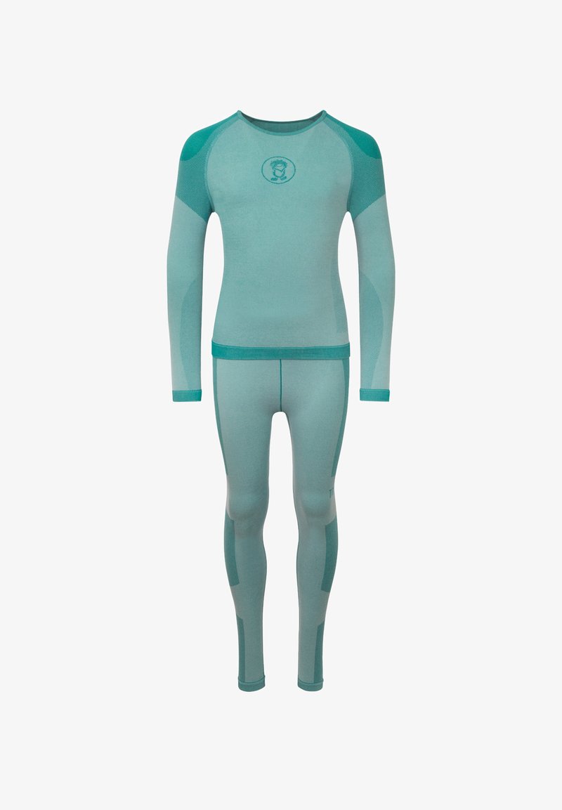 Teal long-sleeve thermal top and leggings made of lightweight, stretchy fabric with textured panels and a logo on the chest.