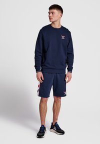 Marineblauwe sweatshirt met ribgebreide manchetten, gecombineerd met bijpassende shorts met een zijstripe in rood en blauw. Zwarte sportschoenen.