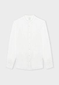 Camicia bianca a maniche lunghe realizzata in tessuto leggero, con colletto a banda e chiusura con bottoni frontali, dal taglio dritto e senza fantasie.