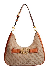 Torba hobo z beżowego płótna z subtelnym wzorem logo, pomarańczowymi skórzanymi akcentami, klamrą w złotym odcieniu oraz regulowanym paskiem.