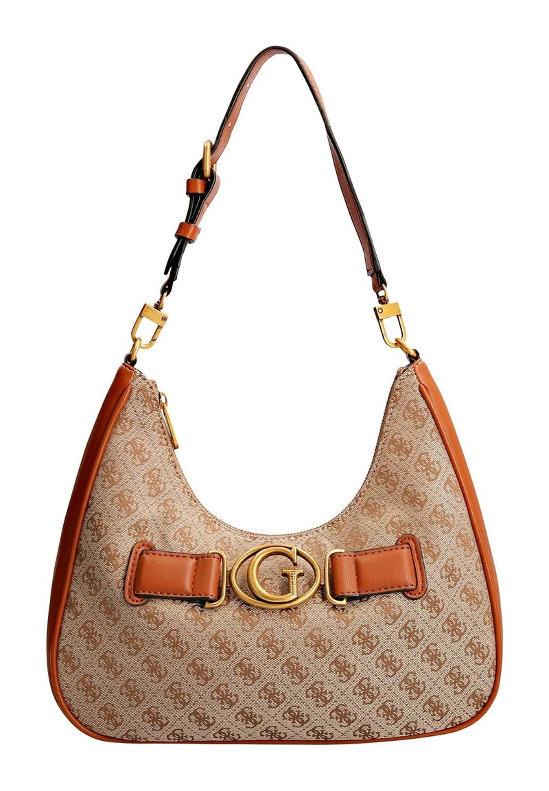 Torba hobo z beżowego płótna z subtelnym wzorem logo, pomarańczowymi skórzanymi akcentami, klamrą w złotym odcieniu oraz regulowanym paskiem.