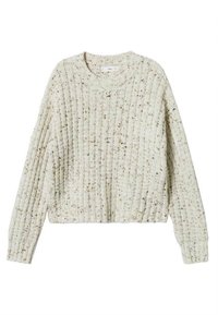 Grobstrickpullover in Off-White mit strukturiertem Rippenmuster. Ausgestattet mit einem V-Ausschnitt, langen Ärmeln und einem cropped Saum mit dezenten gesprenkelten Akzenten.