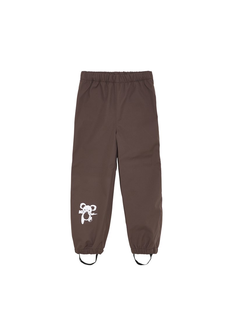 Bruna elastiska byxor med midjeresår och avsmalnande ben, med en vit koala-grafik på vänster ben och justerbara remmar vid anklarna.