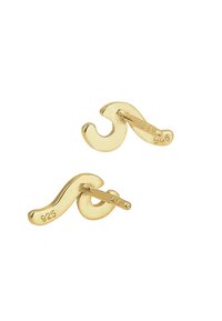 Gold-tone silver earrings shaped like curved question marks with a polished finish; features a post and butterfly backing.