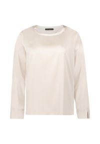 Hellbeige Bluse mit langen Ärmeln aus glattem, glänzendem Stoff. Verfügt über einen runden Ausschnitt und seitliche Schlitze an den Manschetten.