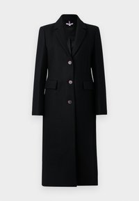 Cappotto lungo da donna nero con tre bottoni, reparti a risvolto, due tasche a patta e maniche lunghe, mostrato su uno sfondo semplice.