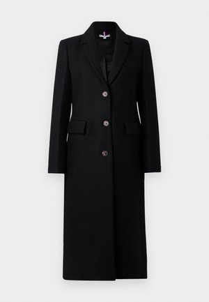 Cappotto lungo da donna nero con tre bottoni, reparti a risvolto, due tasche a patta e maniche lunghe, mostrato su uno sfondo semplice.