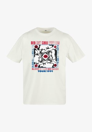 Bílý bavlněný tričko s grafickým potiskem červených růží, černými konturami tváří a textem: "RED HOT CHILI PEPPERS TOUR 1991."