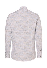 Langärmliges Hemd aus leichtem Stoff mit einem geometrischen Muster in sanften Beige- und Blautönen, mit geknöpftem Ärmelsaum und klassischem Kragen.