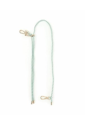 Due cordoni blu chiaro e bianchi a righe con clip metalliche alle estremità, legati insieme al centro. I cordoni mostrano un design intrecciato e testurizzato.