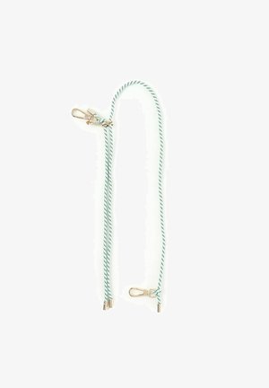 Due cordoni blu chiaro e bianchi a righe con clip metalliche alle estremità, legati insieme al centro. I cordoni mostrano un design intrecciato e testurizzato.