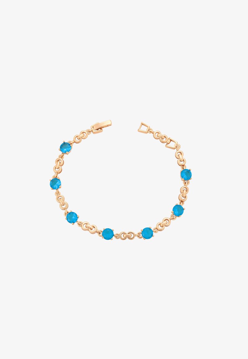Bracciale dorato con pietre turchesi alternate e design a catena collegata. Le pietre sono rotonde e lisce con una finitura lucida.