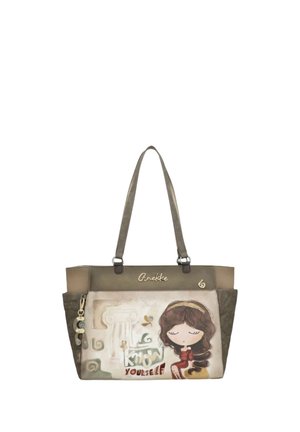 Borsa tote marrone con manici lunghi, con una ragazza dei cartoni animati, una colonna antica e la scritta "Conosci te stesso" sul pannello frontale.