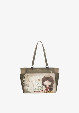 Borsa tote marrone con manici lunghi, con una ragazza dei cartoni animati, una colonna antica e la scritta "Conosci te stesso" sul pannello frontale.