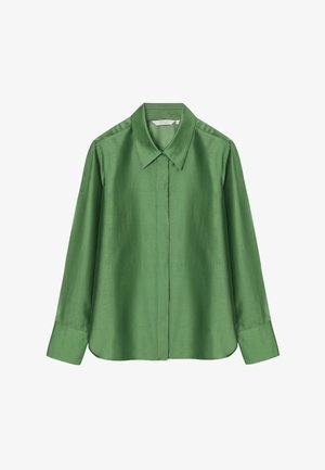 Zelená halenka s dlouhými rukávy, se špičatým límečkem, skrytým zapínáním na knoflíky vpředu a širokými manžetami, zobrazena na bílém pozadí.