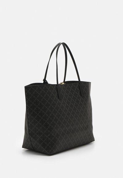 Black tote bag with a textured pattern of intersecting lines, featuring two sleek handles and a gold zipper closure.