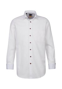 La camicia bianca a maniche lunghe presenta bottoni bordeaux, una tasca e dettagli blu a motivo sul colletto e sui polsini. Texture del tessuto liscia.