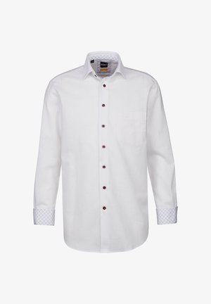 Weißes Hemd mit langen Ärmeln, das weinrote Knöpfe, eine Tasche und gemusterte blaue Akzente am Kragen und an den Manschetten aufweist. Glatte Stoffoberfläche.