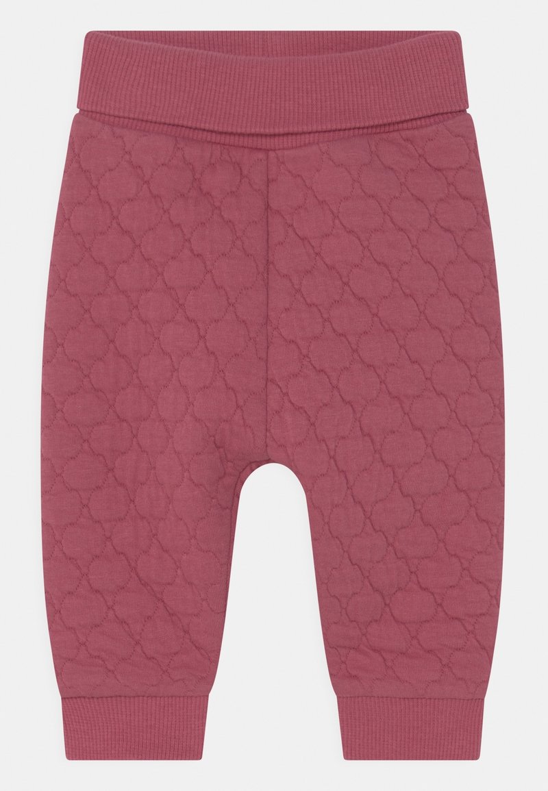 Pantalon bébé matelassé mauve avec taille et poignets côtelés, présentant un motif subtil en losanges et fleurs.